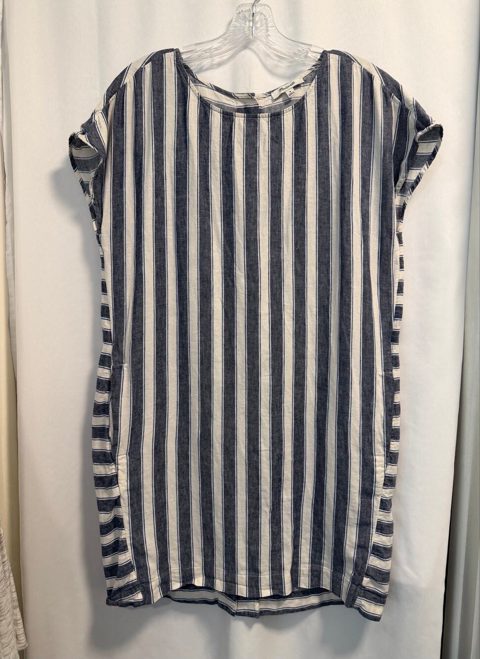 Madewell Stripe Play Button Back Dress Pockets Navy Blue & White- M